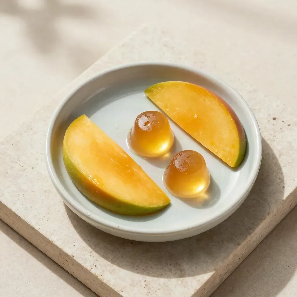 Overhead tray of mango gummies with mango slice and ceramic dish on stone.