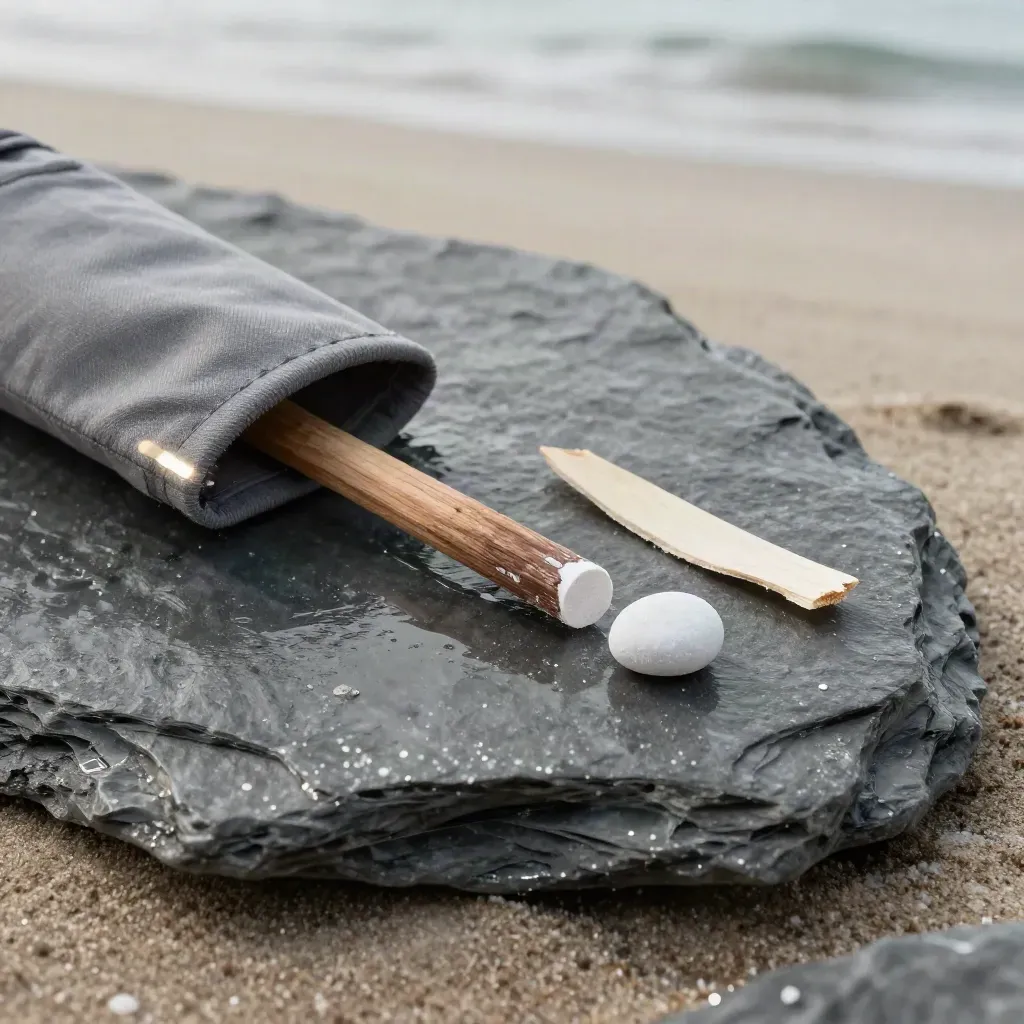 Pre-roll pack on wet slate with salt pebble, cedar sliver, and misty coastal light.