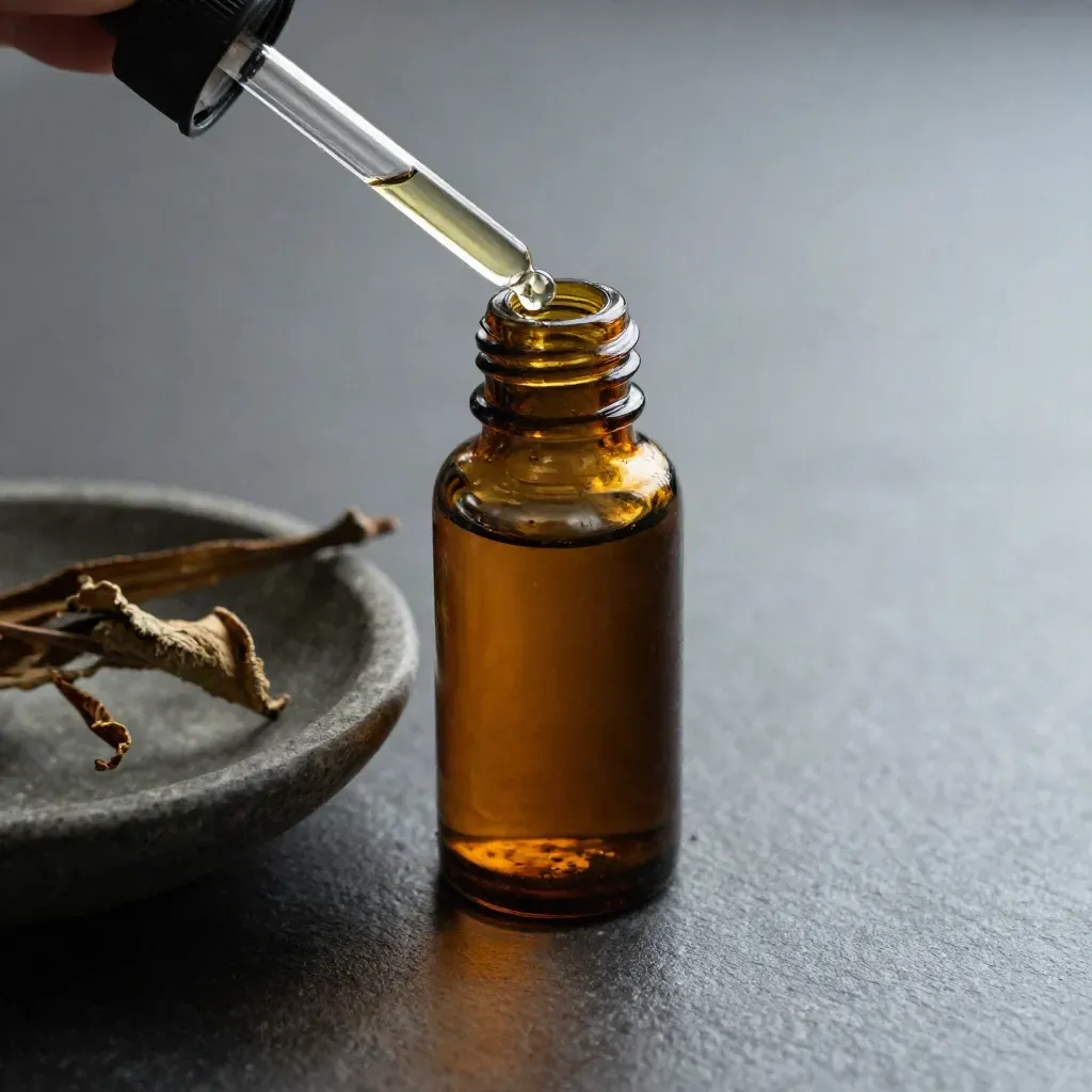 Amber tincture bottle with dropper on stone dish beside dried herb, overhead close-up.