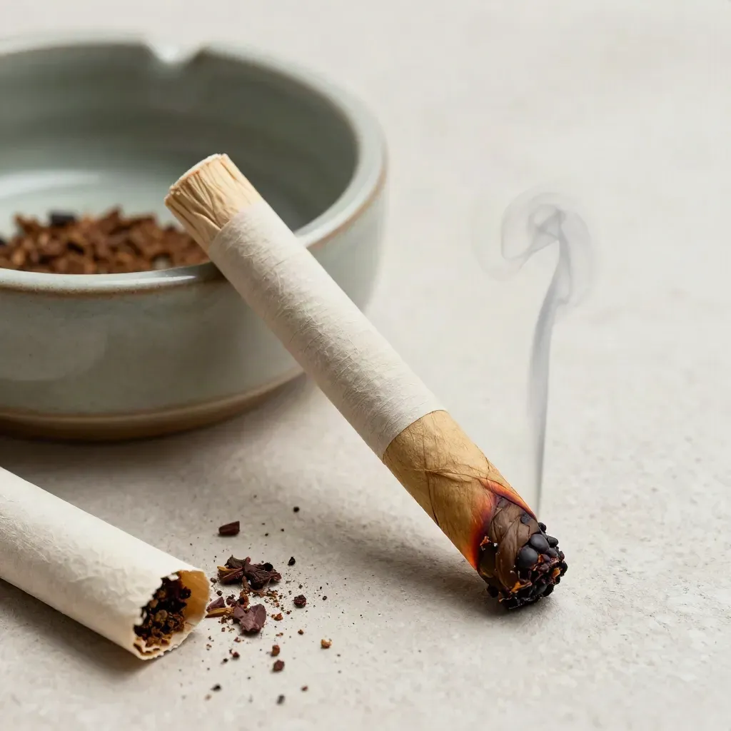 Top-down macro of a berry pre-roll, ash dish, crushed stems, and a paper sleeve with smoke curling up.