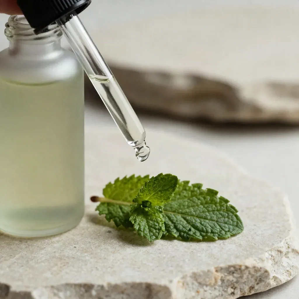 Frosted tincture bottle and dropper with mint leaf on pale stone, bead at the tip.